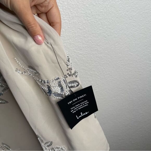 Lulus Elevated Approach Neutral Beaded Sequin Floral Shift Mini Dress Medium - Picture 4 of 6